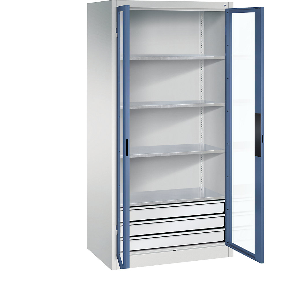 C+P Armadio con ante a battente con finestrella, alt. x largh. x prof. 1950 x 930 x 600 mm, 4 ripiani, 3 cassetti, grigio chiaro / indaco