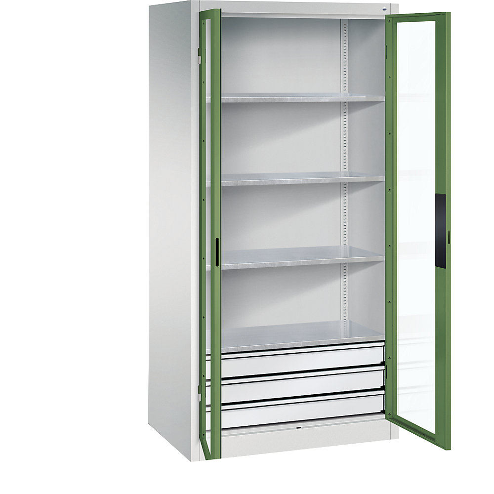 C+P Armadio con ante a battente con finestrella, alt. x largh. x prof. 1950 x 930 x 600 mm, 4 ripiani, 3 cassetti, grigio chiaro / verde reseda