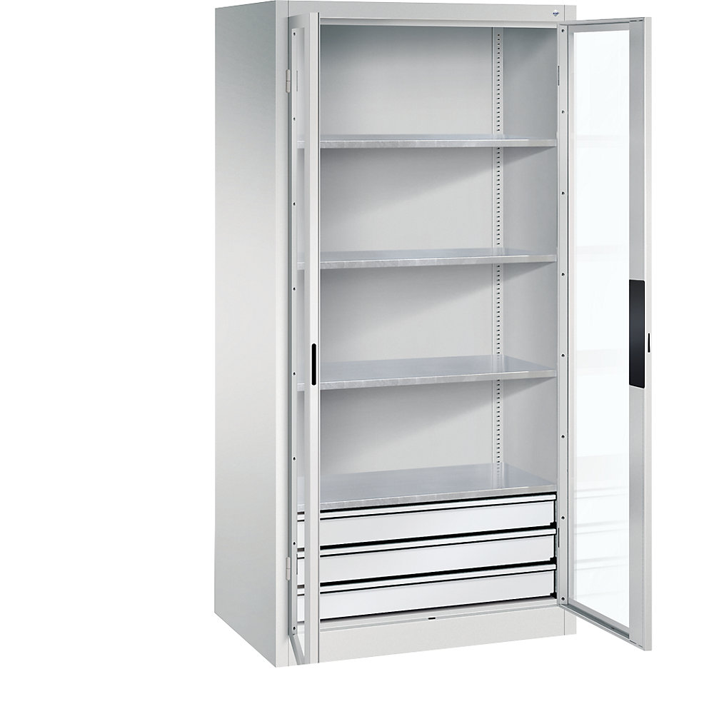 C+P Armadio con ante a battente con finestrella, alt. x largh. x prof. 1950 x 930 x 600 mm, 4 ripiani, 3 cassetti, grigio chiaro / grigio chiaro