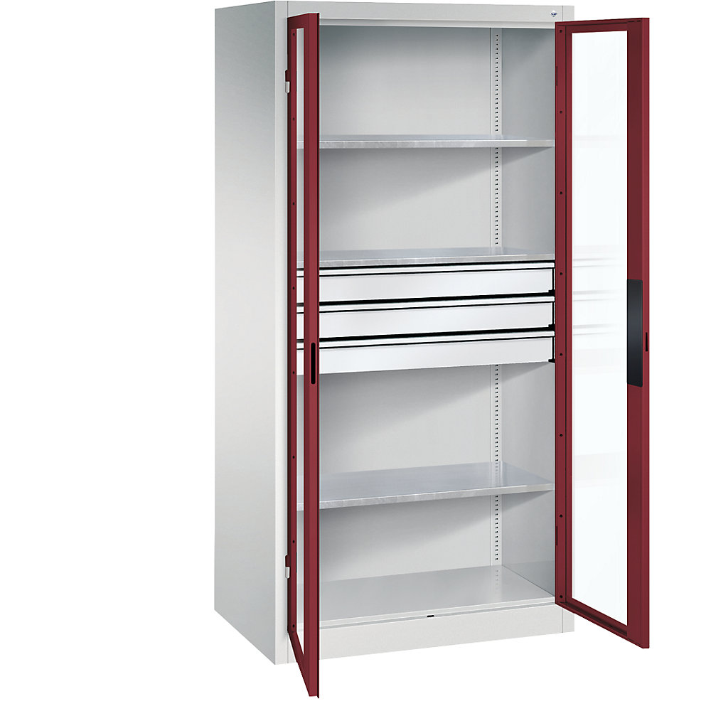 C+P Armadio con ante a battente con finestrella, alt. x largh. x prof. 1950 x 930 x 600 mm, 3 ripiani, 3 cassetti, grigio chiaro / rosso rubino