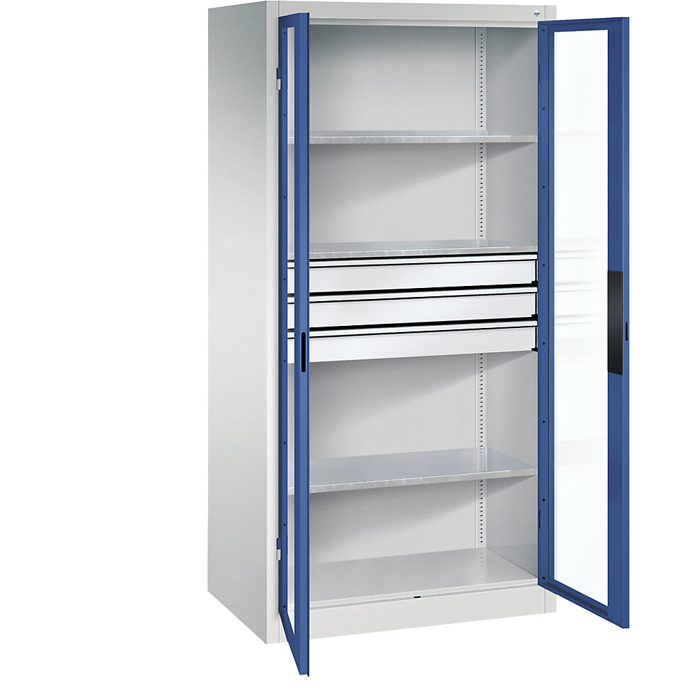 C+P Armadio con ante a battente con finestrella, alt. x largh. x prof. 1950 x 930 x 600 mm, 3 ripiani, 3 cassetti, grigio chiaro / blu genziana