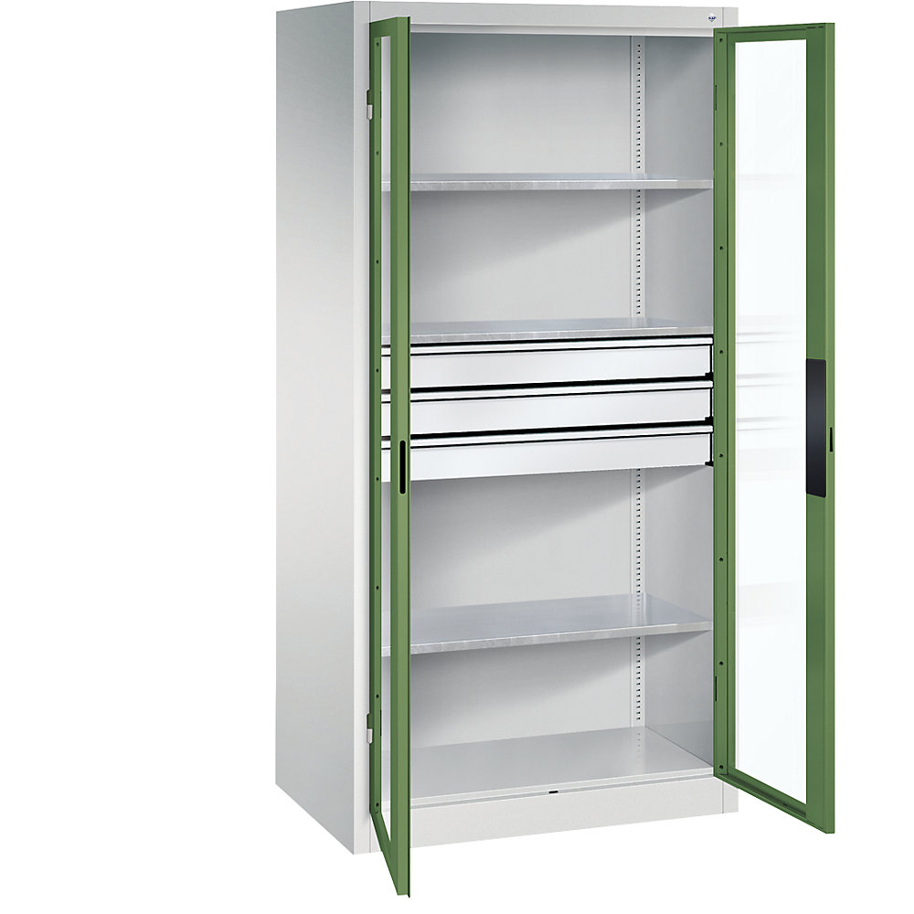 C+P Armadio con ante a battente con finestrella, alt. x largh. x prof. 1950 x 930 x 600 mm, 3 ripiani, 3 cassetti, grigio chiaro / verde reseda