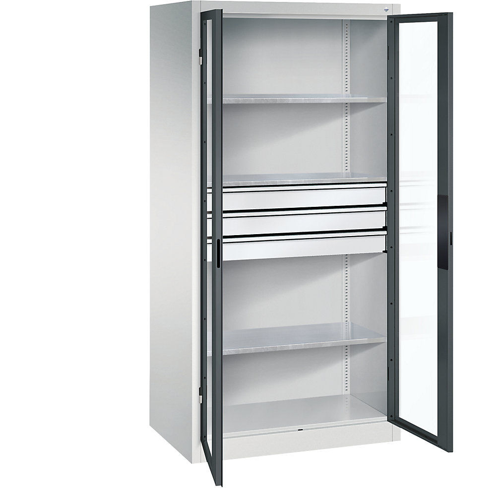 C+P Armadio con ante a battente con finestrella, alt. x largh. x prof. 1950 x 930 x 600 mm, 3 ripiani, 3 cassetti, grigio chiaro / grigio antracite