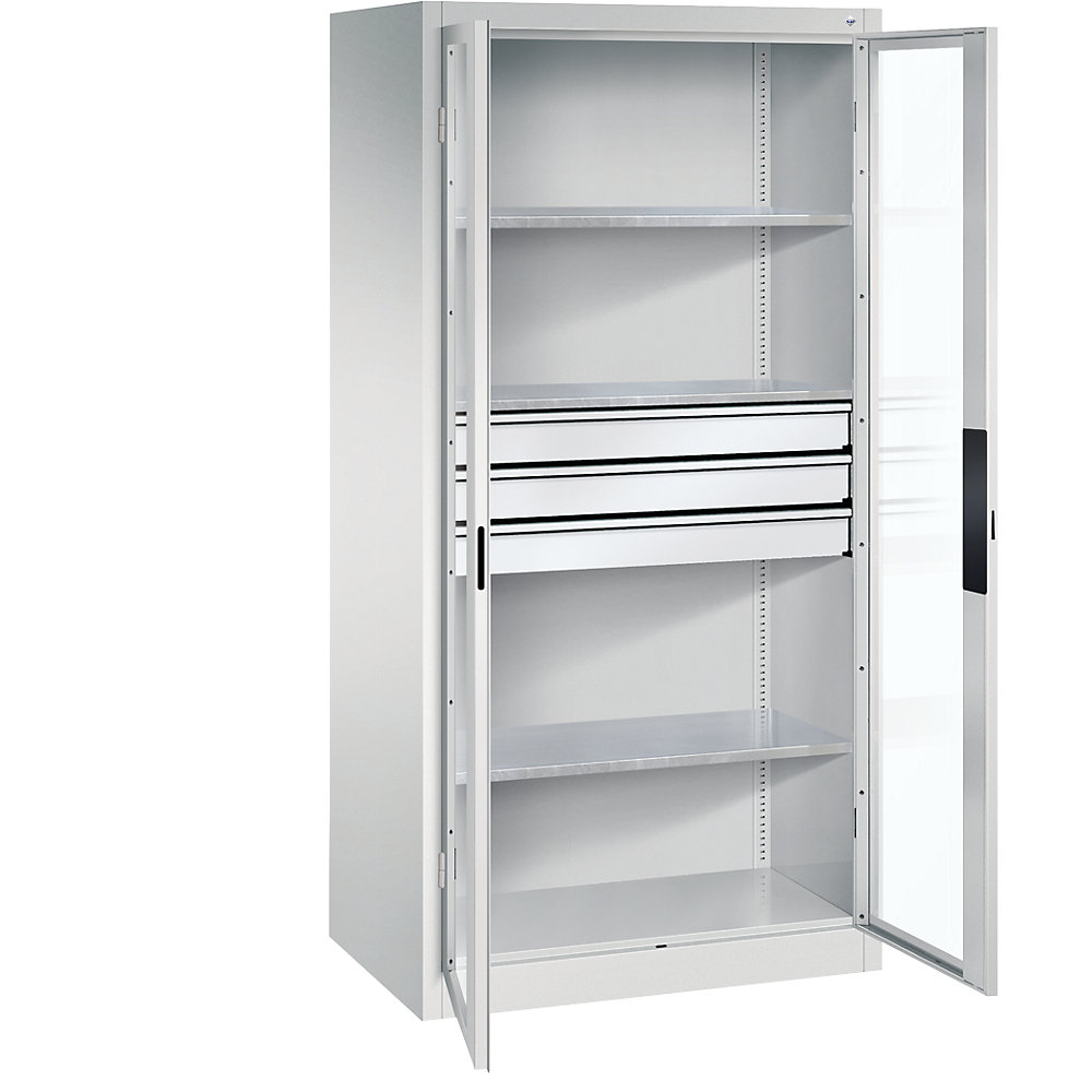 C+P Armadio con ante a battente con finestrella, alt. x largh. x prof. 1950 x 930 x 600 mm, 3 ripiani, 3 cassetti, grigio chiaro / grigio chiaro