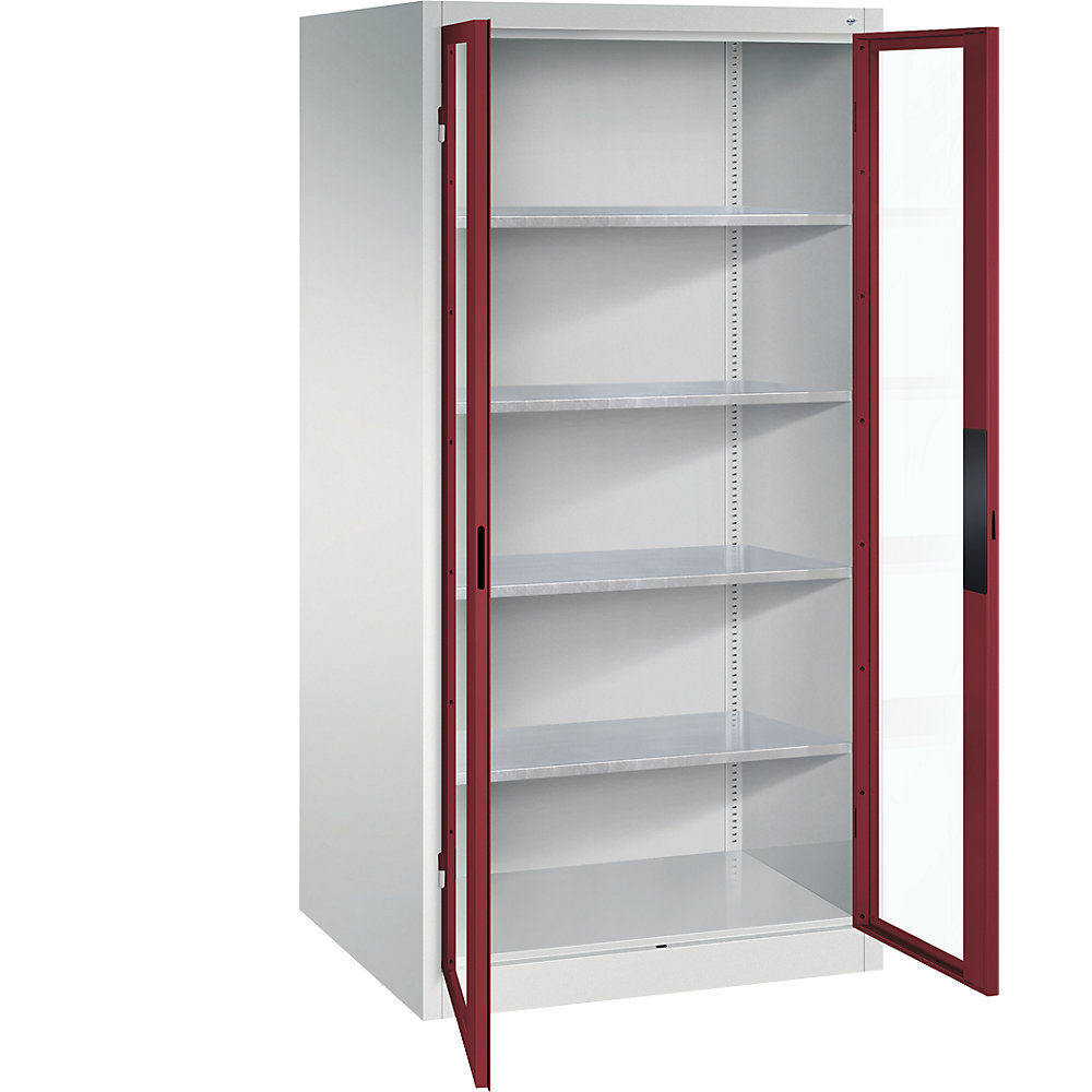 C+P Armadio con ante a battente con finestrella, alt. x largh. x prof. 1950 x 930 x 800 mm, 4 ripiani, grigio chiaro / rosso rubino