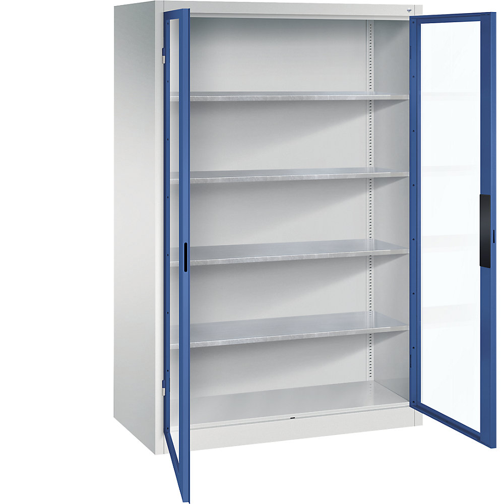 C+P Armadio con ante a battente con finestrella, alt. x largh. x prof. 1950 x 1200 x 600 mm, 4 ripiani, grigio chiaro / blu genziana