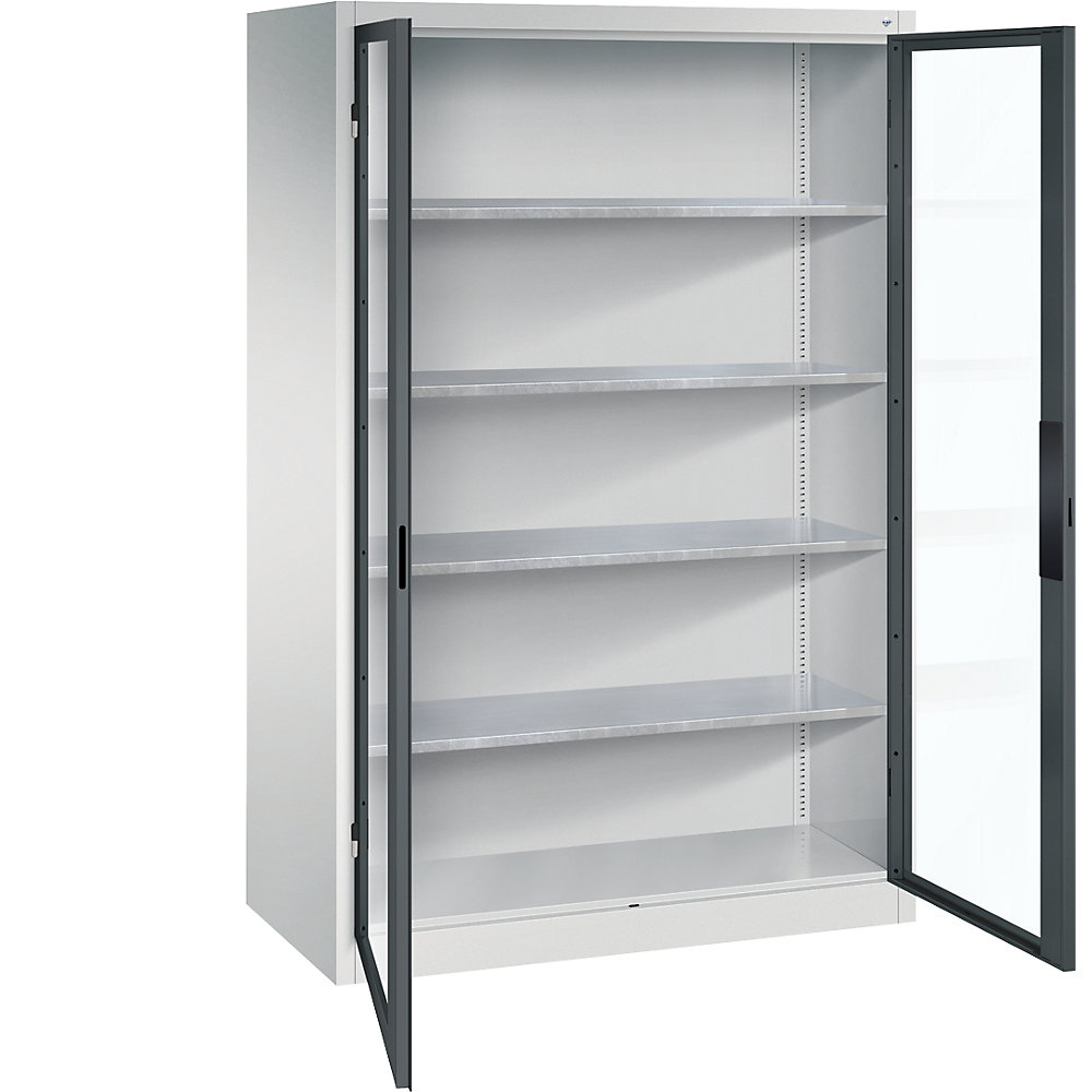 C+P Armadio con ante a battente con finestrella, alt. x largh. x prof. 1950 x 1200 x 600 mm, 4 ripiani, grigio chiaro / grigio antracite