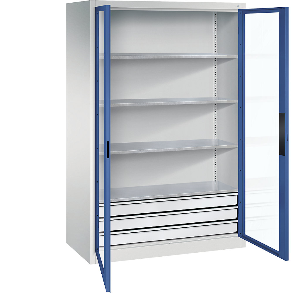 C+P Armadio con ante a battente con finestrella, alt. x largh. x prof. 1950 x 1200 x 600 mm, 4 ripiani, 3 cassetti, grigio chiaro / blu genziana