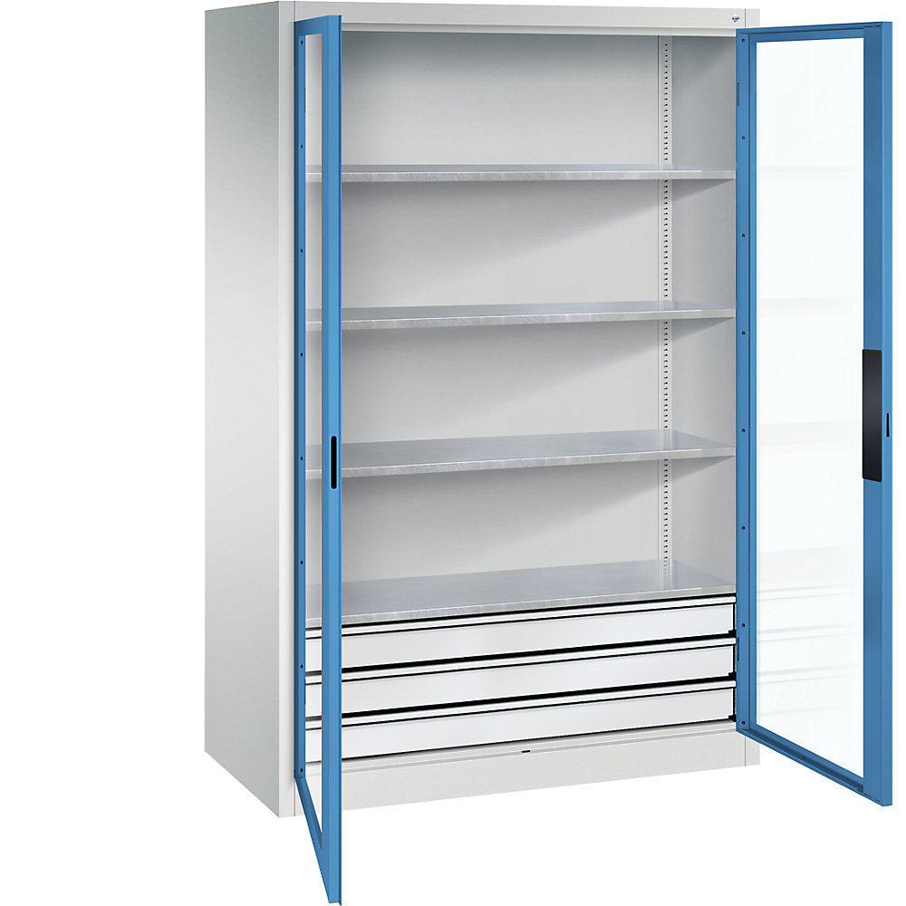 C+P Armadio con ante a battente con finestrella, alt. x largh. x prof. 1950 x 1200 x 600 mm, 4 ripiani, 3 cassetti, grigio chiaro / blu chiaro