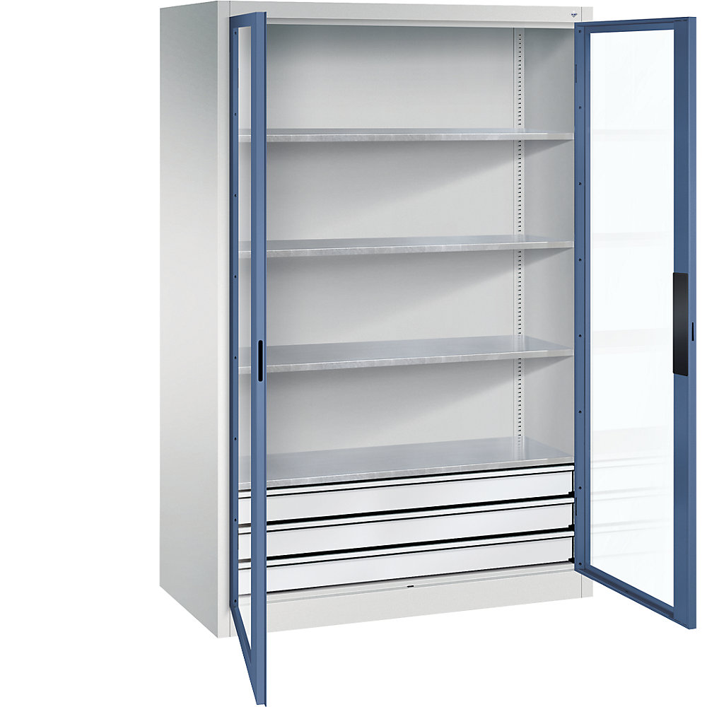 C+P Armadio con ante a battente con finestrella, alt. x largh. x prof. 1950 x 1200 x 600 mm, 4 ripiani, 3 cassetti, grigio chiaro / indaco