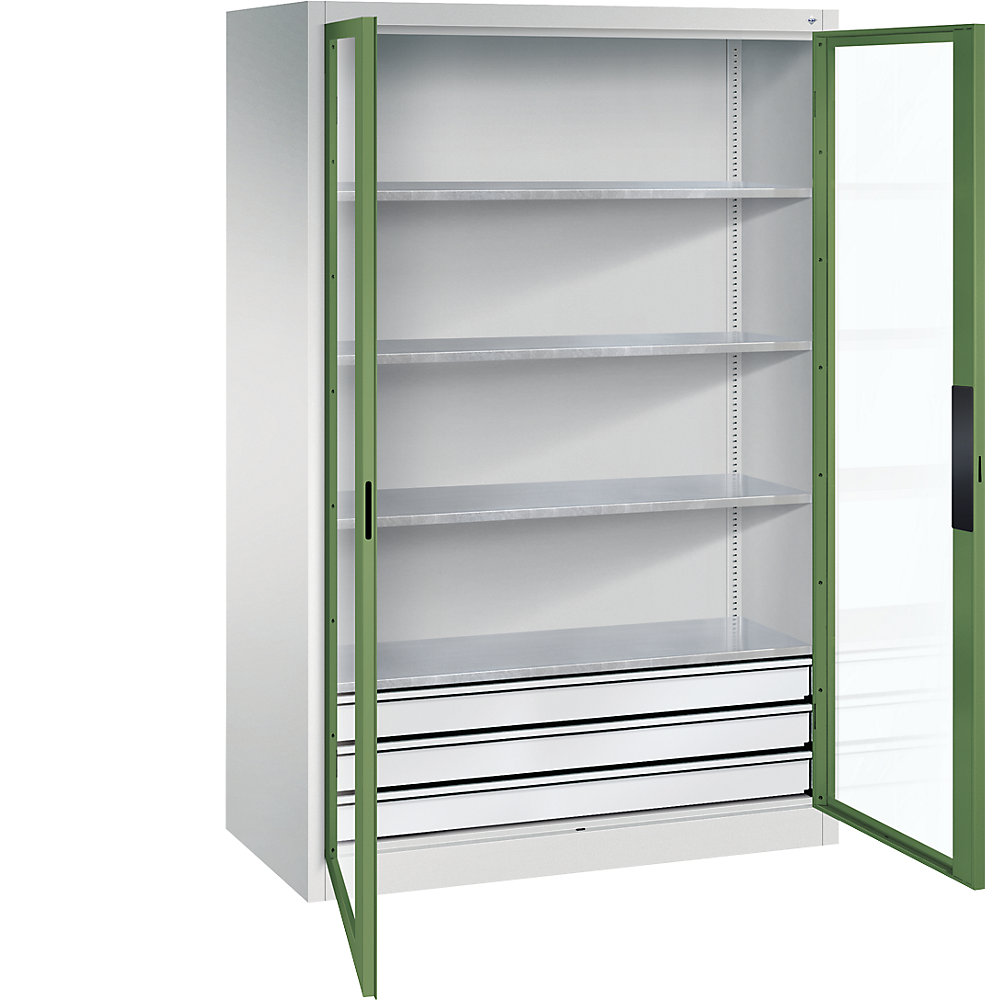C+P Armadio con ante a battente con finestrella, alt. x largh. x prof. 1950 x 1200 x 600 mm, 4 ripiani, 3 cassetti, grigio chiaro / verde reseda