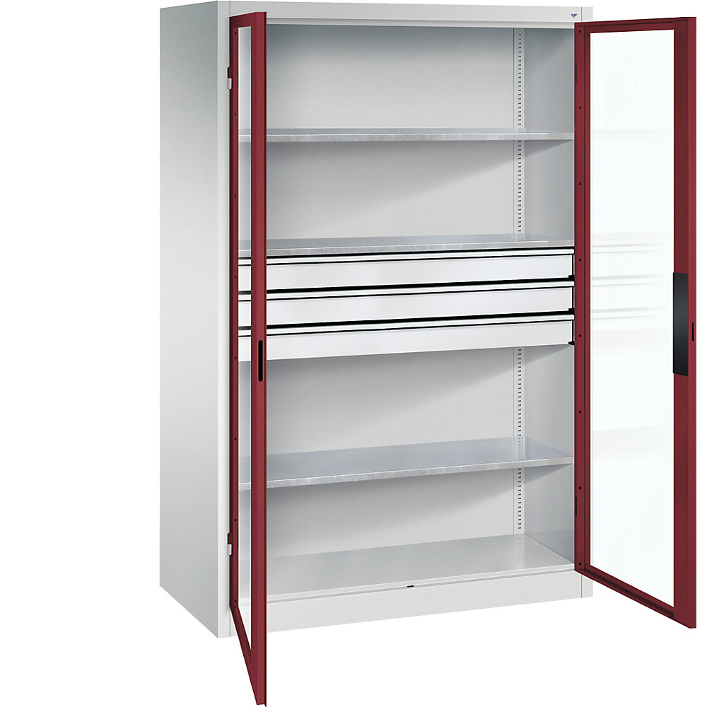 C+P Armadio con ante a battente con finestrella, alt. x largh. x prof. 1950 x 1200 x 600 mm, 3 ripiani, 3 cassetti, grigio chiaro / rosso rubino
