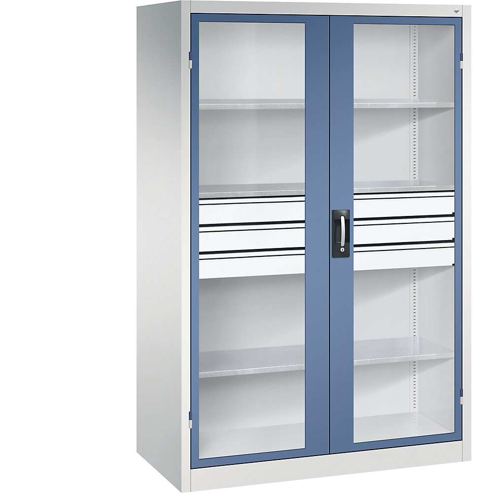 Sichtfenster-Flügeltürschrank, HxBxT 1950 x 1200 x 600 mm, 3 Fachböden, 3 Schubladen, lichtgrau / fernblau C+P 2