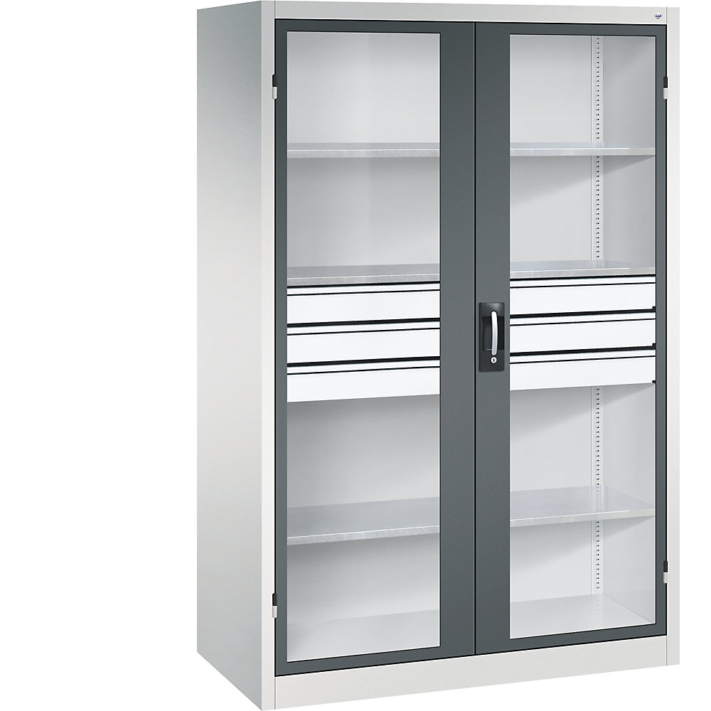 Sichtfenster-Flügeltürschrank, HxBxT 1950 x 1200 x 600 mm, 3 Fachböden, 3 Schubladen, lichtgrau / anthrazitgrau C+P 2