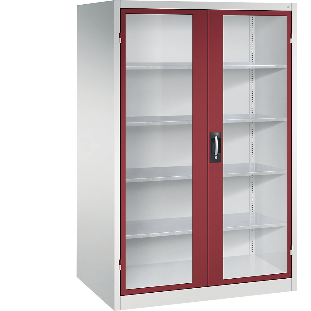 Sichtfenster-Flügeltürschrank, HxBxT 1950 x 1200 x 800 mm, 4 Fachböden, lichtgrau / rubinrot C+P 2