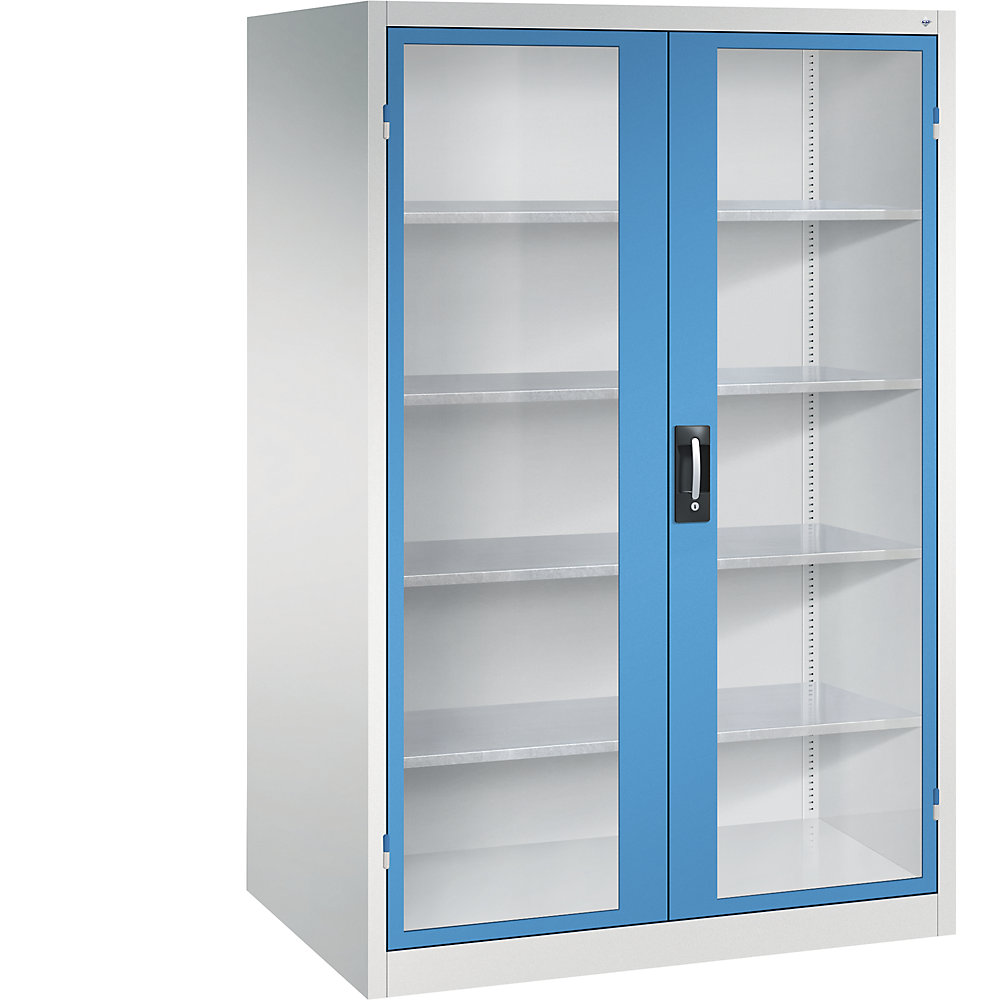 Sichtfenster-Flügeltürschrank, HxBxT 1950 x 1200 x 800 mm, 4 Fachböden, lichtgrau / lichtblau C+P 2