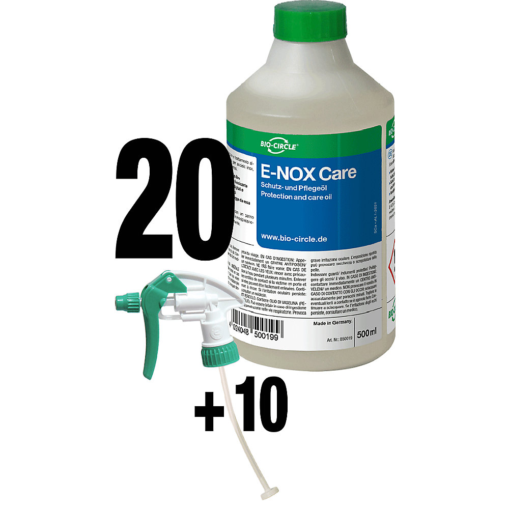 Bio-Circle Olio di protezione e manutenzione E-NOX Care, conf. da 20 pezzi + 10 spruzzatori, per acciaio inox, alluminio, metalli non ferroso