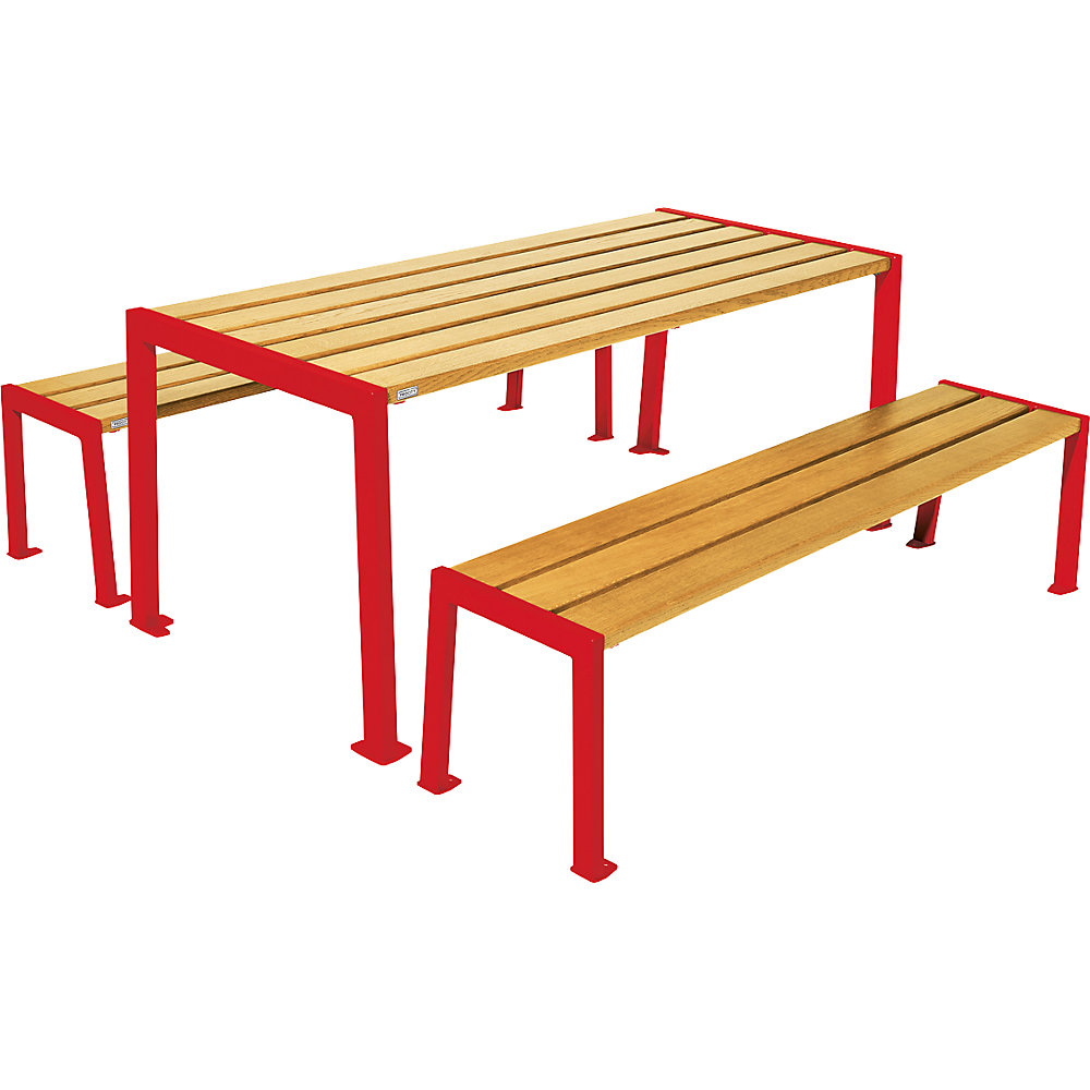 PROCITY Set di tavolo e panche Silaos®, lunghezza 1800 mm, rosso / quercia chiaro