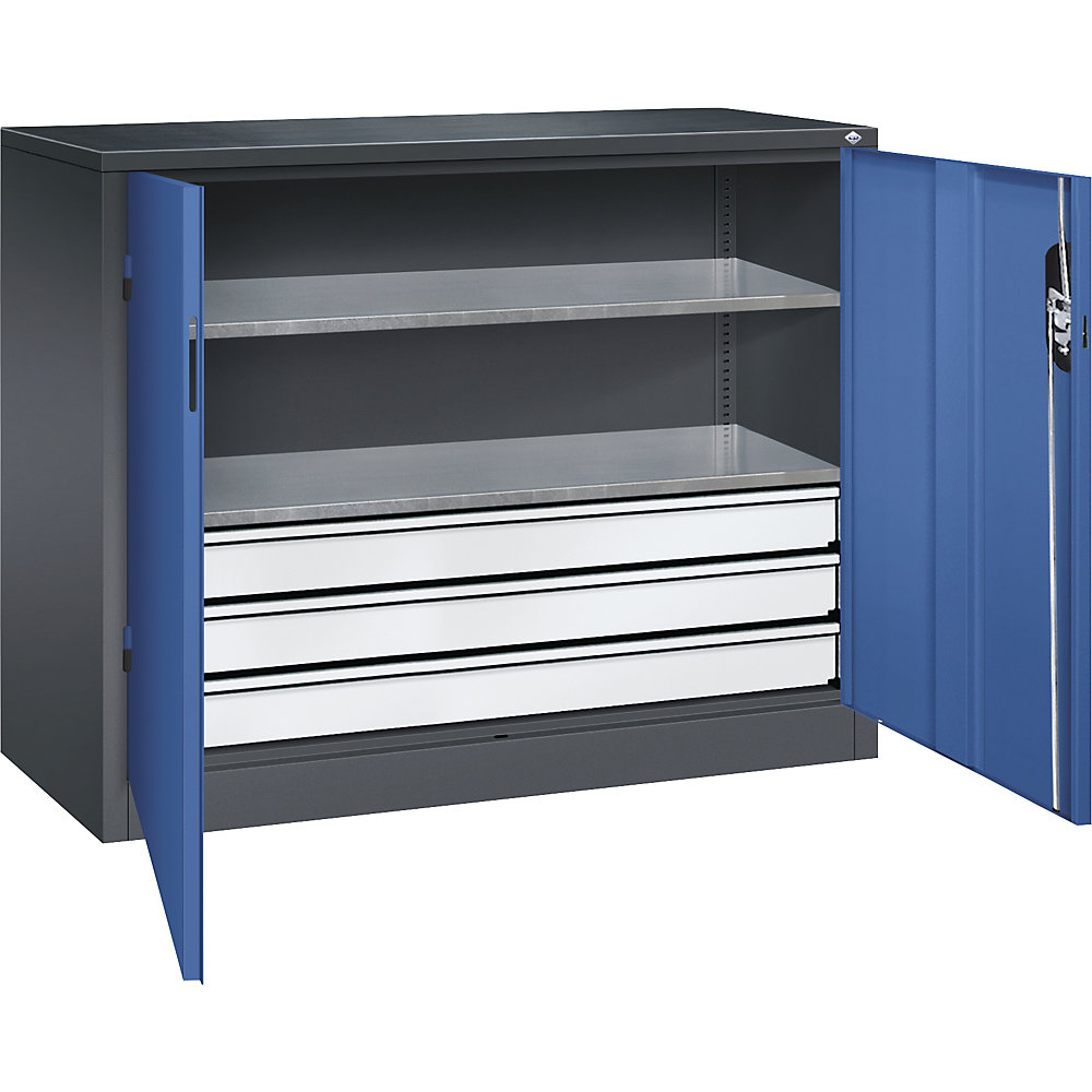 C+P Armadietto da officina con ante a battente e cassetti, alt. x largh. x prof. 1000 x 1200 x 400 mm, grigio chiaro / indaco
