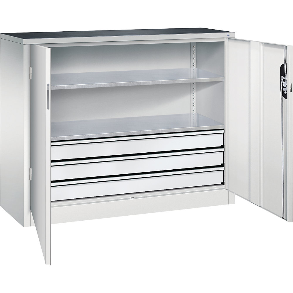 C+P Armadietto da officina con ante a battente e cassetti, alt. x largh. x prof. 1000 x 1200 x 400 mm, grigio chiaro / grigio chiaro