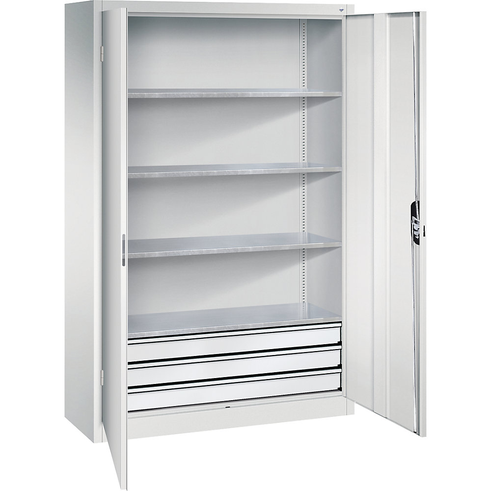 C+P Armadio da officina con ante a battente e cassetti, largh. x prof. 1200 x 400 mm, 4 ripiani, grigio chiaro / grigio chiaro