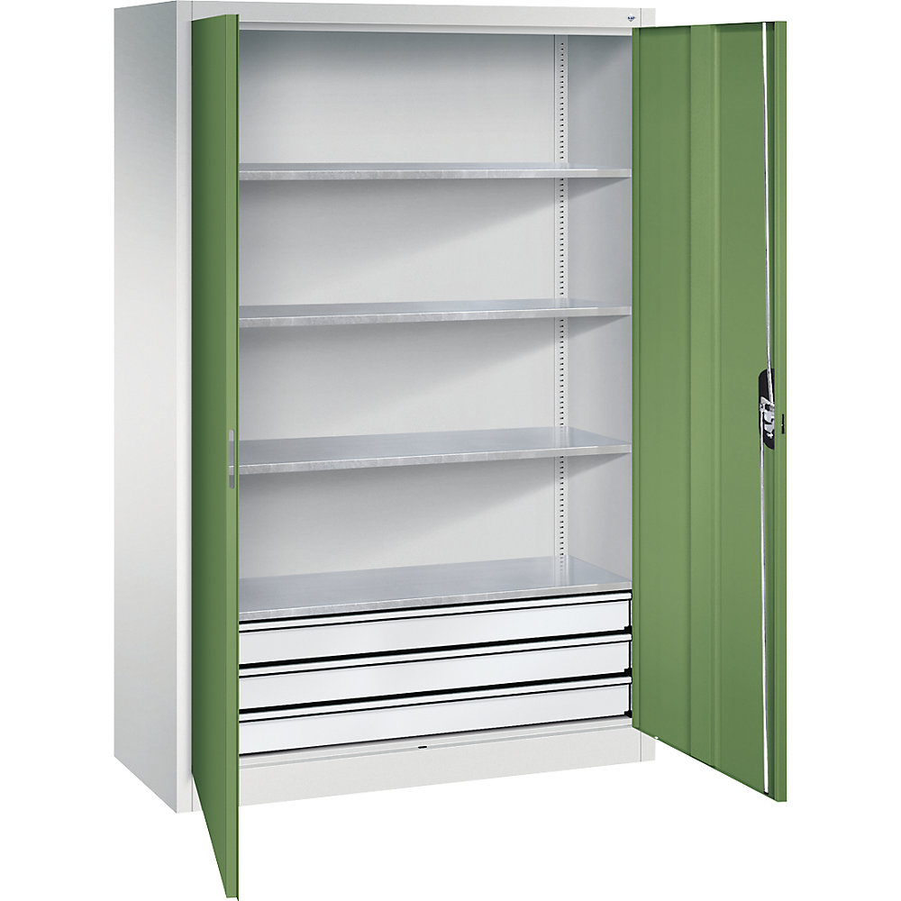 C+P Armadio da officina con ante a battente e cassetti, largh. x prof. 1200 x 500 mm, 4 ripiani, grigio chiaro / verde reseda