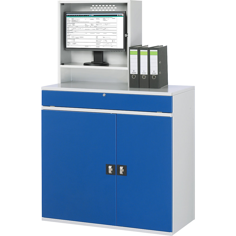 Computer Workstation with Monitor Enclosure 1100mm light grey / gentian blue 2