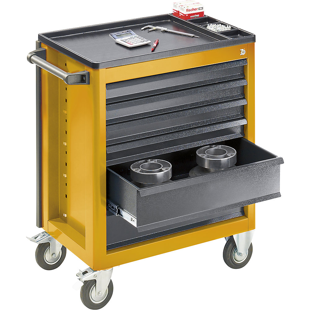 EUROKRAFTpro Carro de herramientas, 6 cajones con bloqueo de extracción individual absoluto, H x A x P 930 x 700 x 470 mm, amarillo