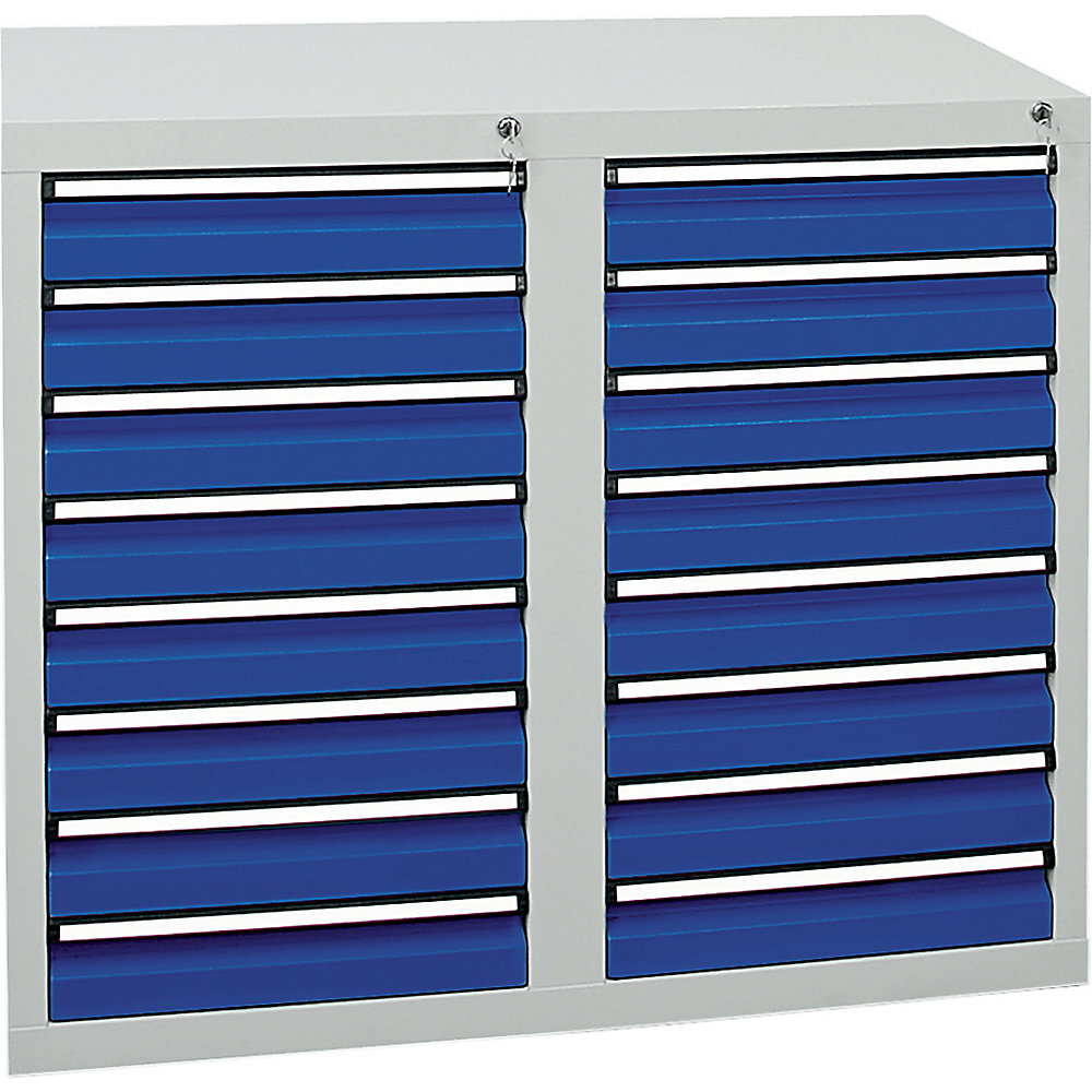 kaiserkraft Schubladenschrank, HxBxT 900 x 1000 x 500 mm, 16 Schubladen 100 mm hoch, Korpus grau, Schubladen enzianblau