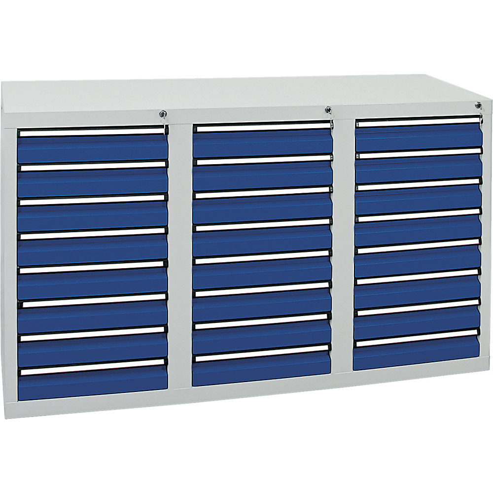 kaiserkraft Schubladenschrank, HxBxT 900 x 1500 x 500 mm, 24 Schubladen 100 mm hoch, Korpus grau, Schubladen enzianblau