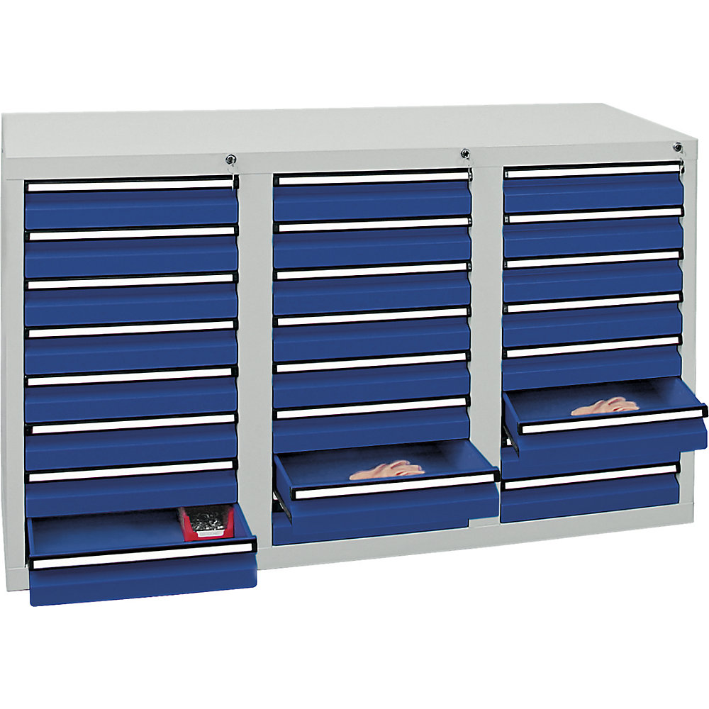 kaiserkraft Schubladenschrank, HxBxT 900 x 1500 x 500 mm, 24 Schubladen 100 mm hoch, Korpus grau, Schubladen enzianblau 2