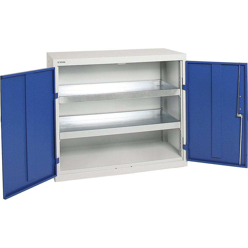 kaiserkraft Umweltschrank ohne Türlochung, HxBxT 900 x 1000 x 500 mm, 2 Wannenböden, lichtgrau / enzianblau