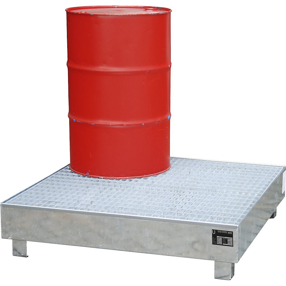 Stahl-Auffangwanne, LxB 1200 x 1200 mm, Auffangvolumen 216 l, mit Rost eurokraft pro