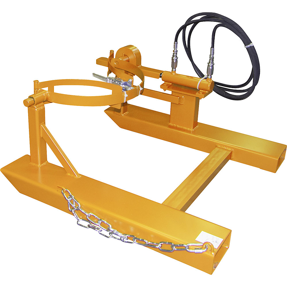 Fasskipper, Kippvorgang über Staplerhydraulik, gelborange eurokraft pro 2
