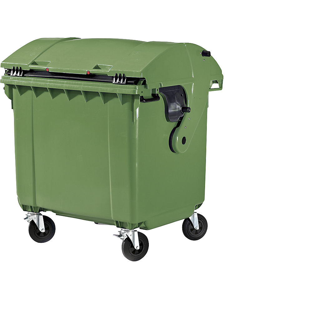 Image of Container per rifiuti in plastica, DIN EN 840, capacità 1100 l, largh. x alt. x prof. 1360 x 1465 x 1100 mm, coperchio scorrevole, sicura per bambini, verde, a partire da 5 pz.