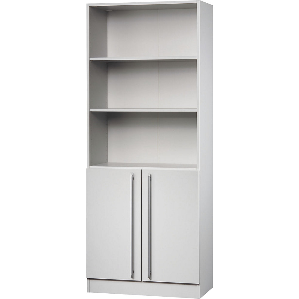 VIOLA - Armoire et rayonnages combinés, 2 tablettes ouvertes, 1 tablette derrière portes, gris clair