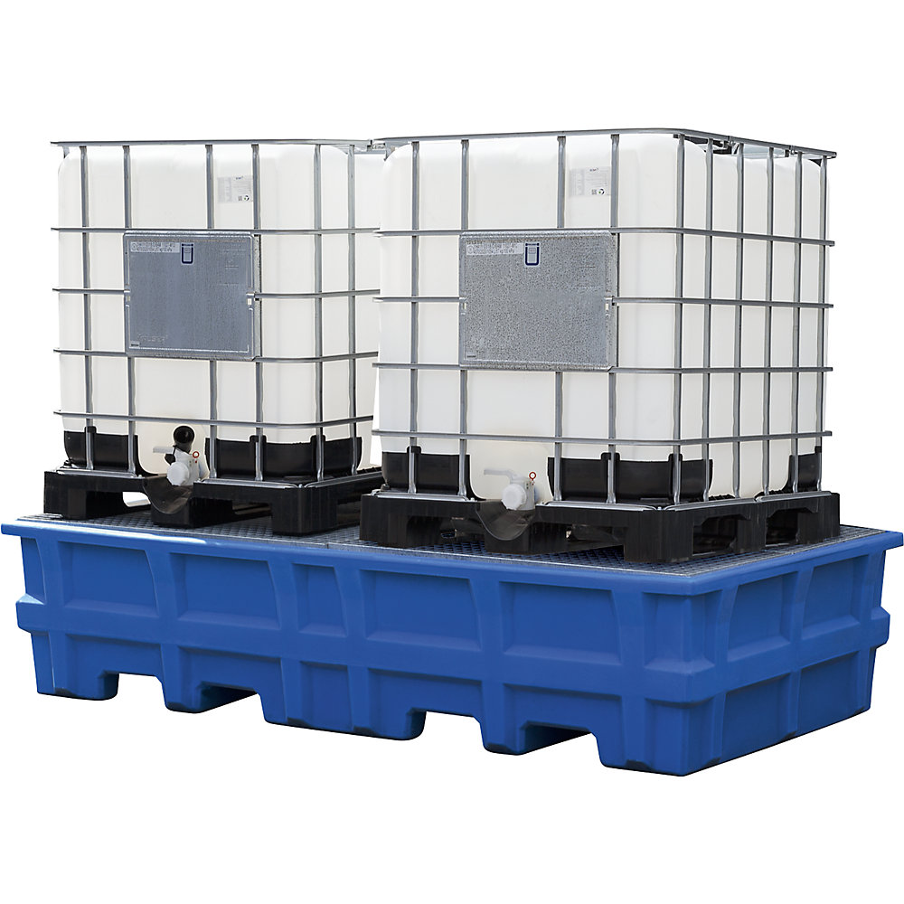 asecos PE sump tray for IBC/CTC tank containers, sump capacity 1000 l, for 2 containers, with zinc plated grate