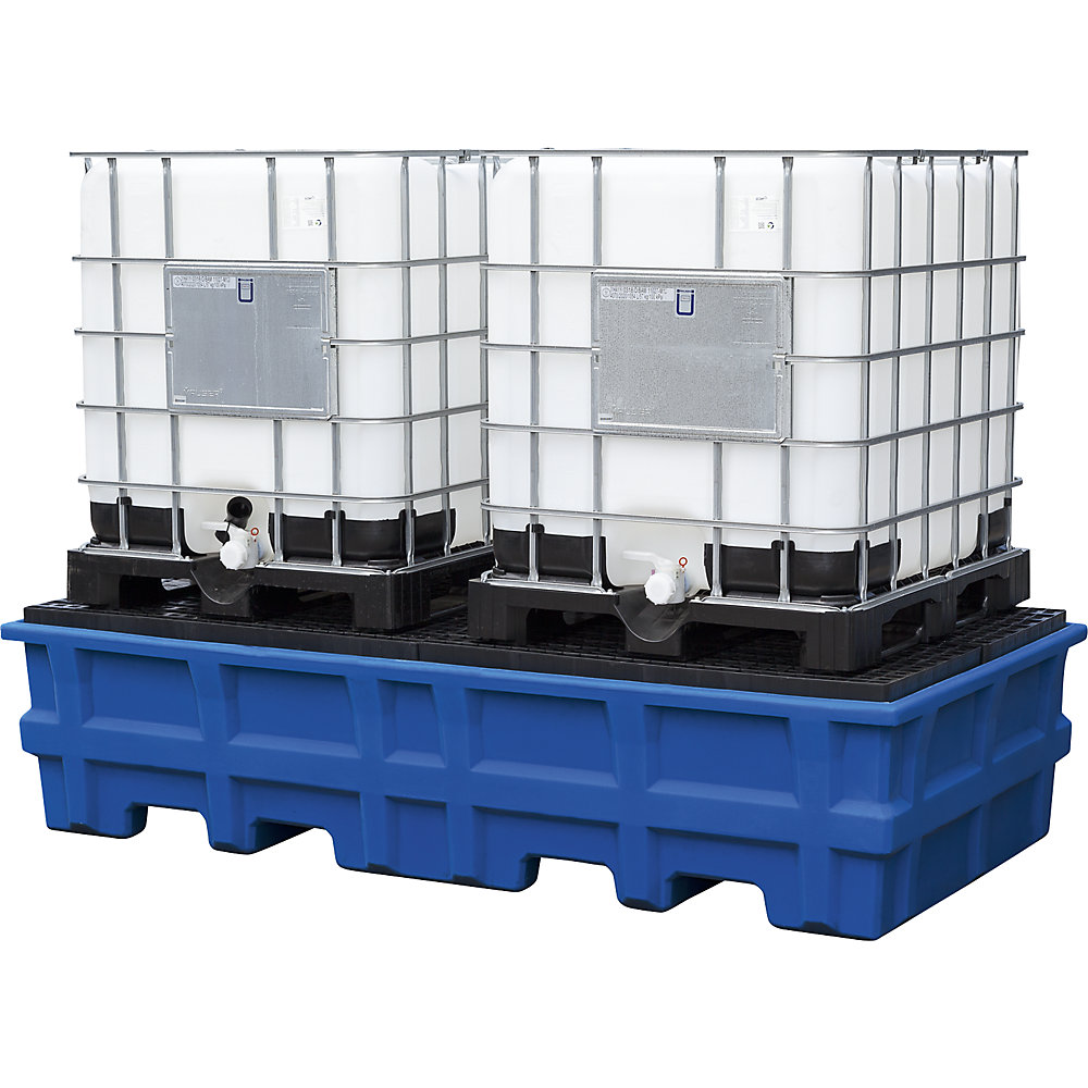 asecos PE sump tray for IBC/CTC tank containers, sump capacity 1000 l, for 2 containers, with PE grate