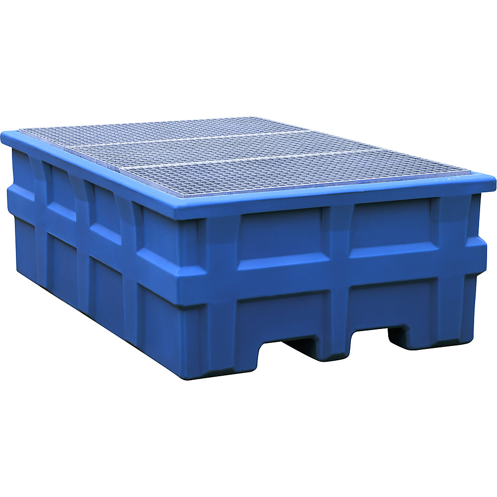 asecos PE sump tray for IBC/CTC tank containers, sump capacity 1000 l, for 1 container, with zinc plated grate