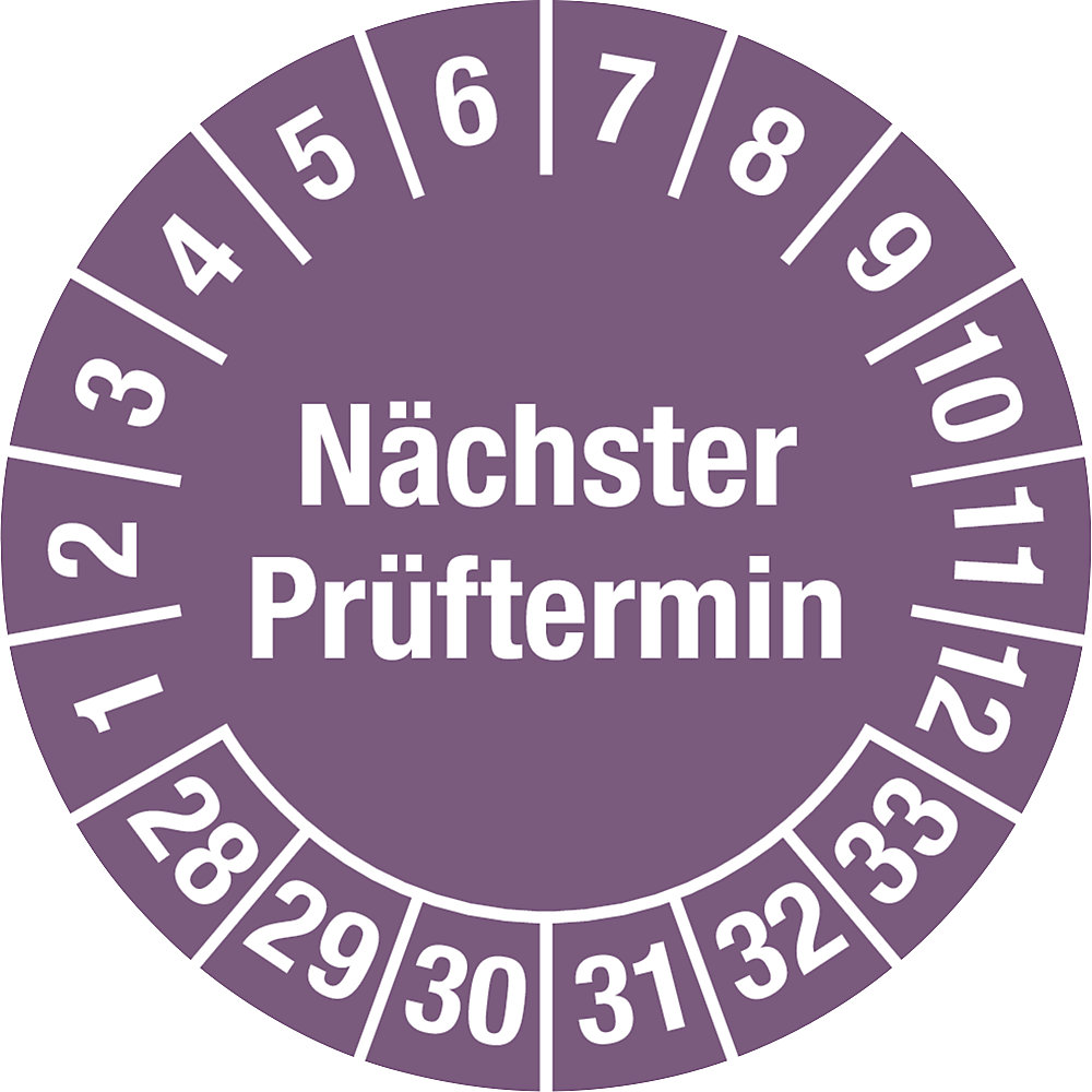 kaiserkraft Nächster Prüftermin, Mehrjahreszahlen, Dokumentenfolie, Ø 25 mm, VE 10 Stk, 28 - 33, violett