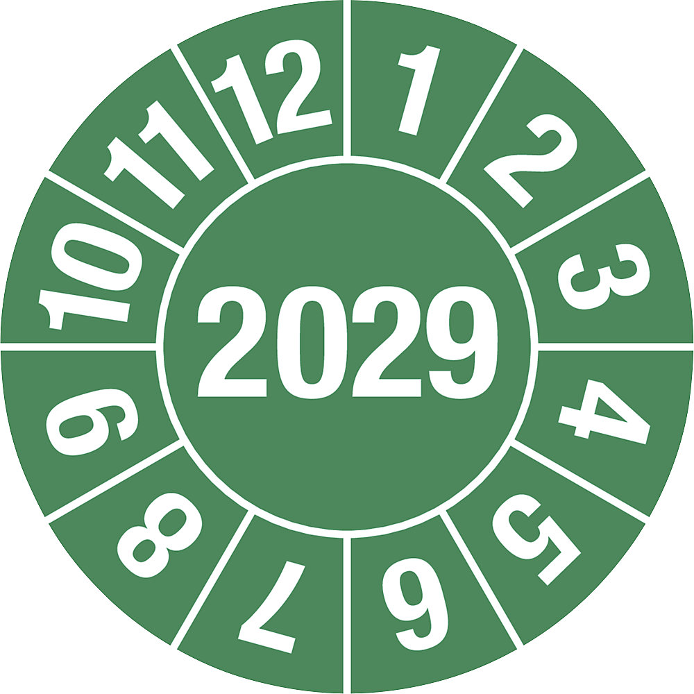 Keuringssticker, 4-cijferig jaartal, documentfolie, Ø 30 mm, VE = 10 stuks, 2029, groen