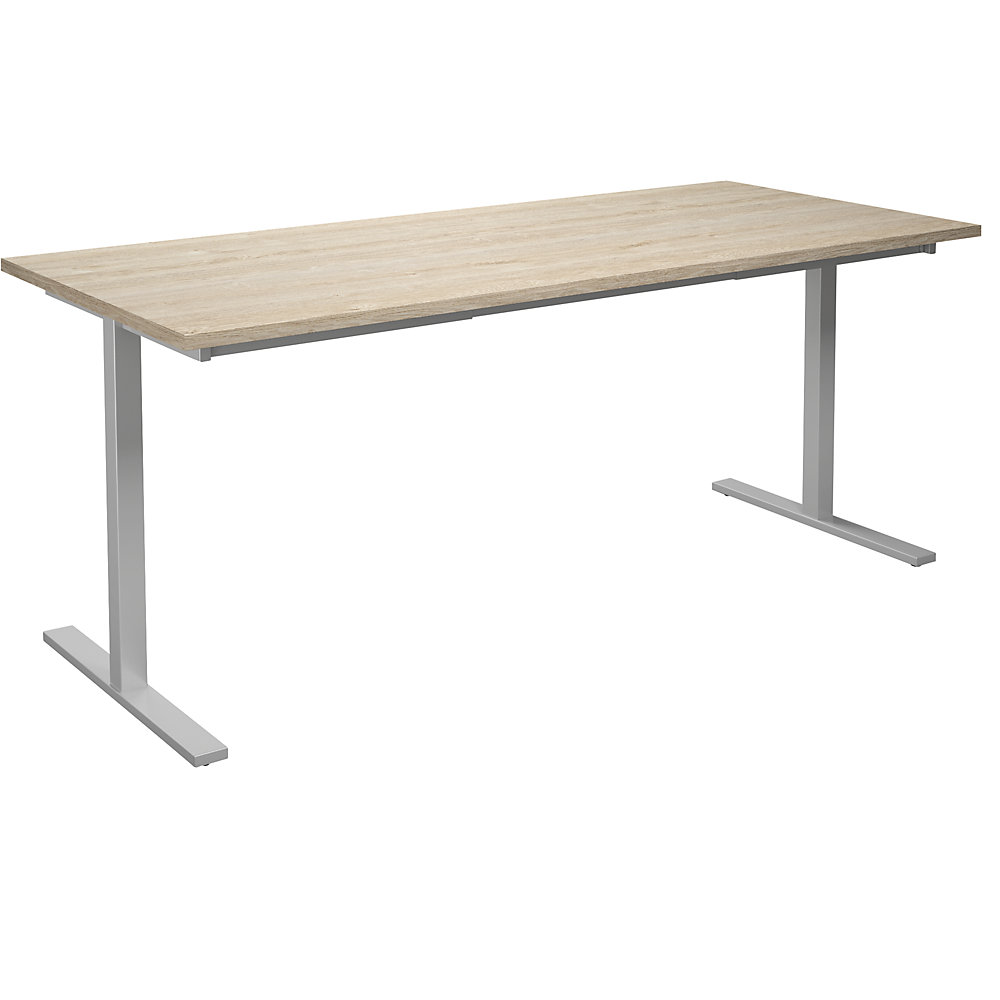 Multifunctionele tafel DUO-T, recht blad, h x d = 740 x 800 mm, breedte 1800 mm, eikenhout, zilverkleurig