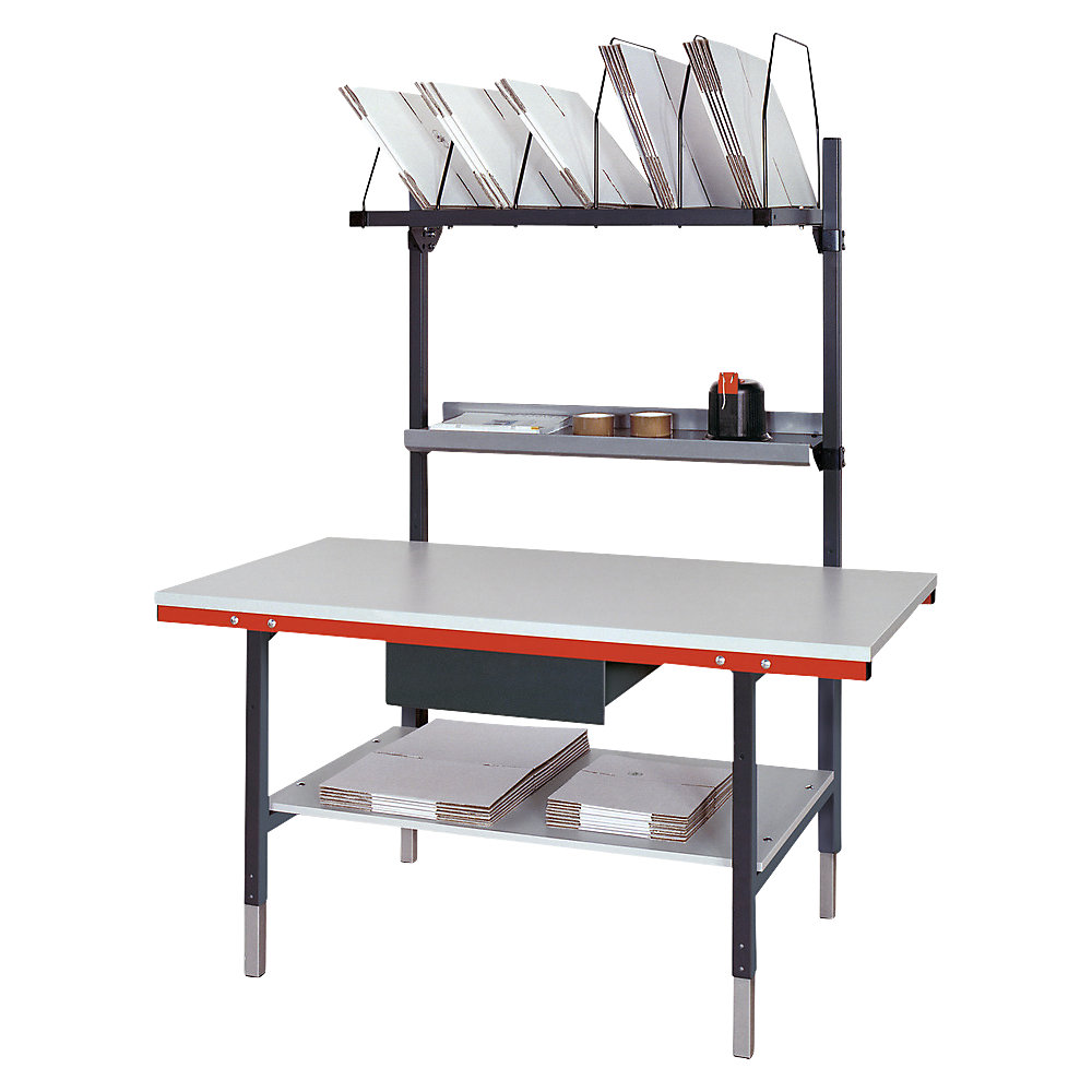 Table d'emballage, avec espace de rangement, tablette intermédiaire, porte-cartons, tiroir, gris
