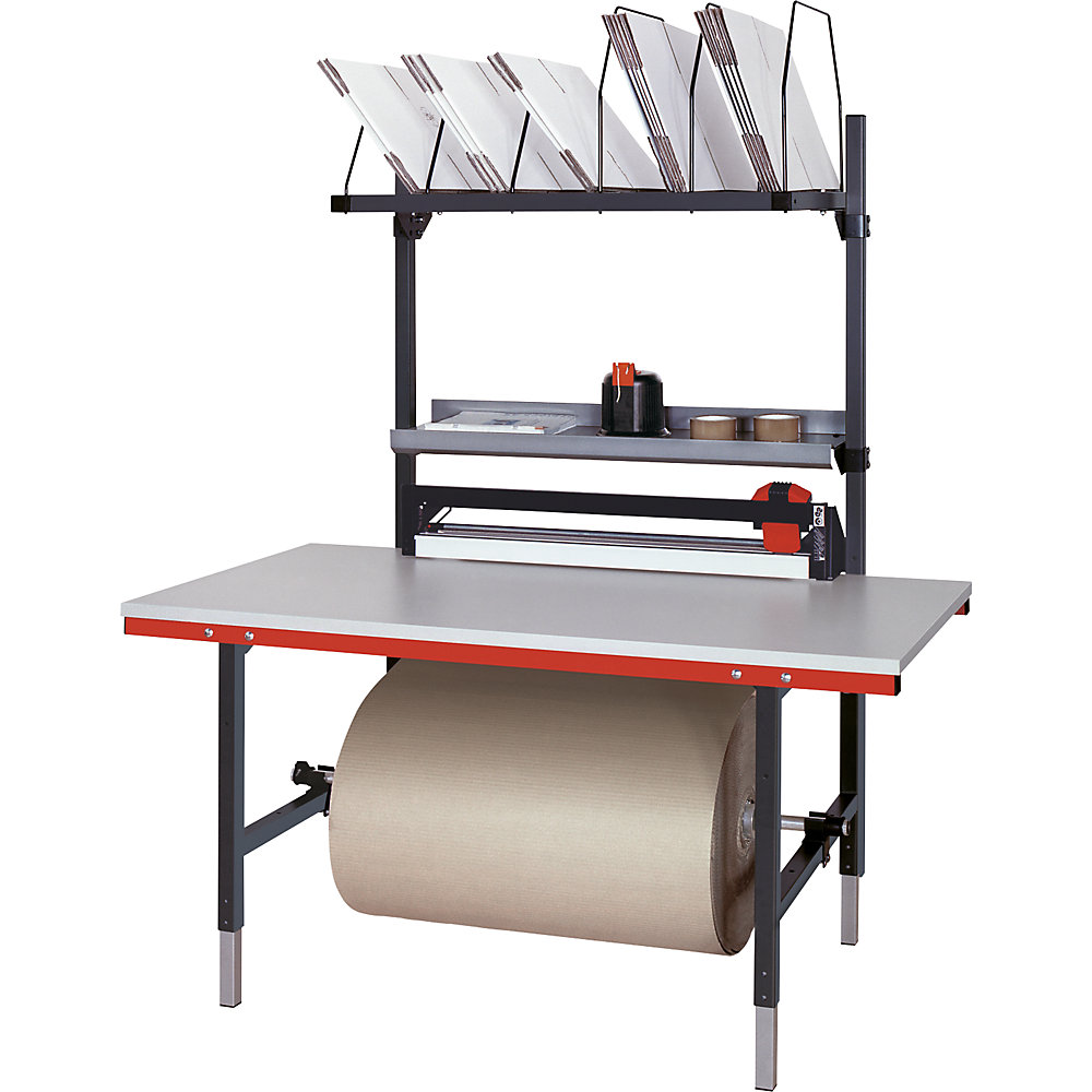 Table d'emballage, avec espace de rangement, porte-cartons, dispositif de coupe, gris