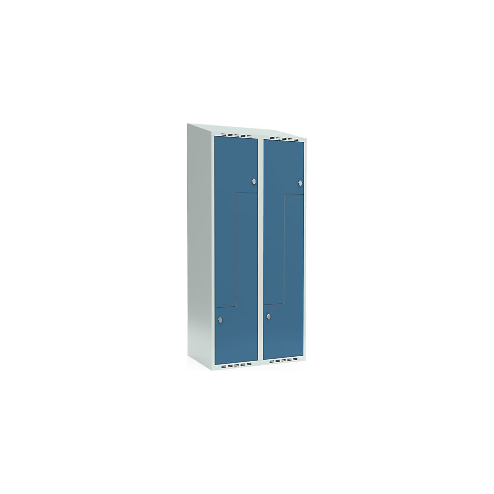 kaiserkraft Z-Spind Fydor, 2 Abteile, lichtgrau / brillantblau, B 800 mm, 2 Abteile, schräge Dachform, Vorhängeschloss