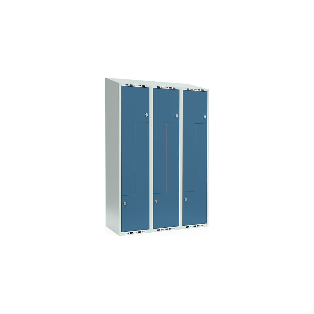 kaiserkraft Z-Spind Fydor, 3 Abteile, lichtgrau / brillantblau, B 1200 mm, 3 Abteile, schräge Dachform, Vorhängeschloss