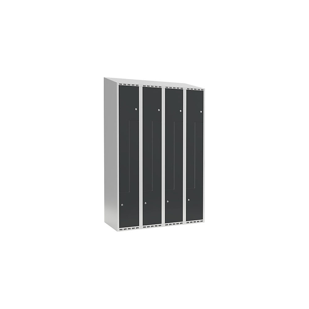 Taquilla para ropa Fydor, compartimentos en forma de Z, gris luminoso / gris, A 1200 mm, 4 compartimentos, techo inclinado, candado