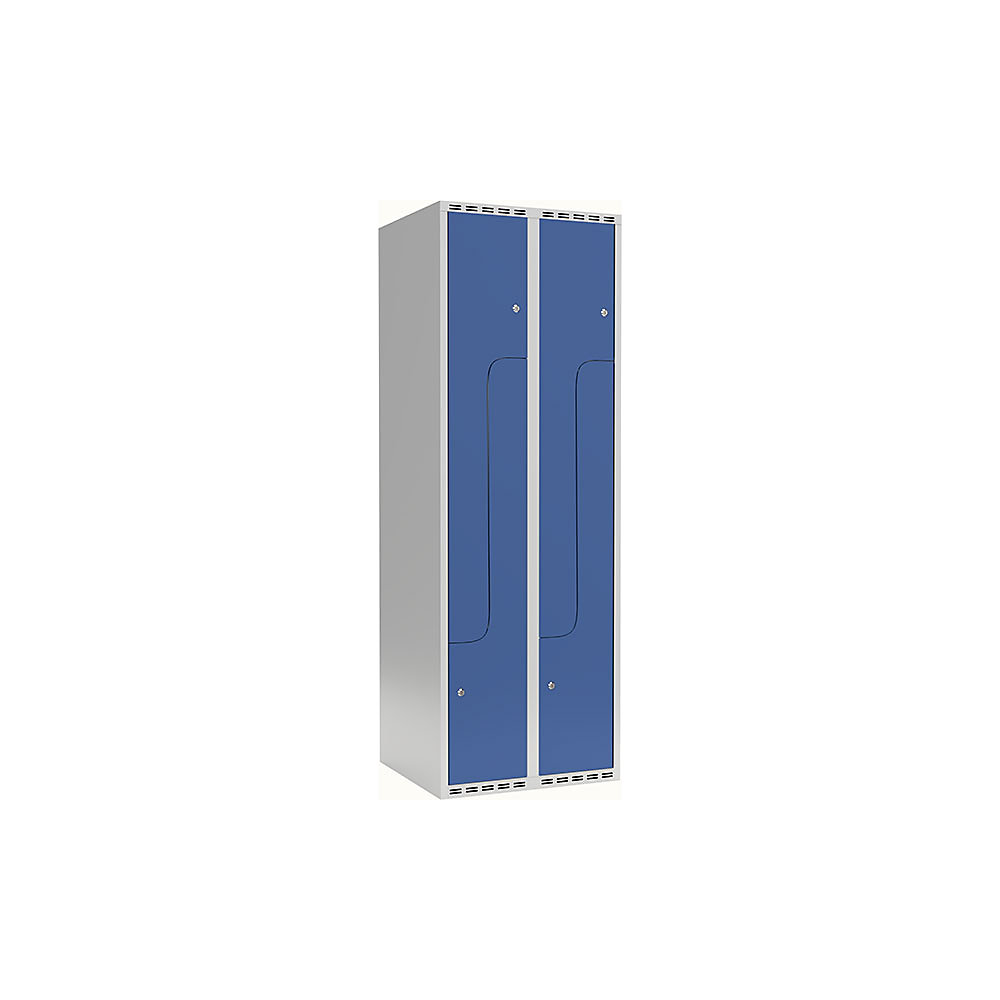 Garderobekast Fydor, Z-vormige vakken, lichtgrijs / briljantblauw, b = 600 mm, 2 compartimenten, platte bovenkant, cilinderslot