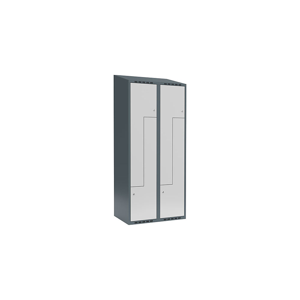 Taquilla para ropa Fydor, compartimentos en forma de Z, gris azulado / gris luminoso, A 800 mm, 2 compartimentos, techo inclinado, cerradura de cilindro