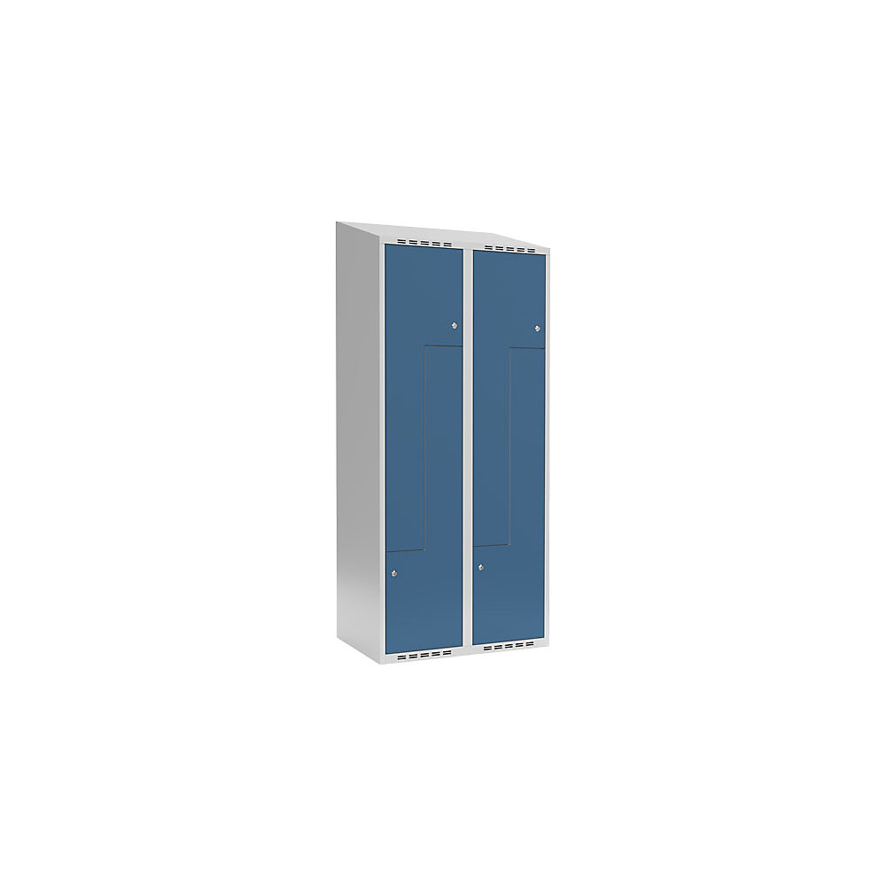 Taquilla para ropa Fydor, compartimentos en forma de Z, gris luminoso / azul brillante, A 800 mm, 2 compartimentos, techo inclinado, cerradura de cilindro
